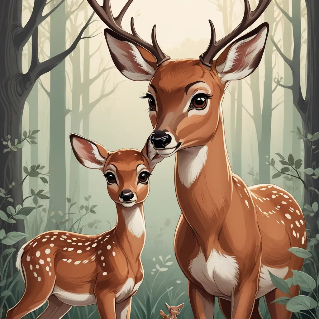 a couple of deer standing next to each other in a forest with trees and bushes behind them, with a full moon in the background, furry art, a storybook illustration, Claire Hummel, leesha hannigan