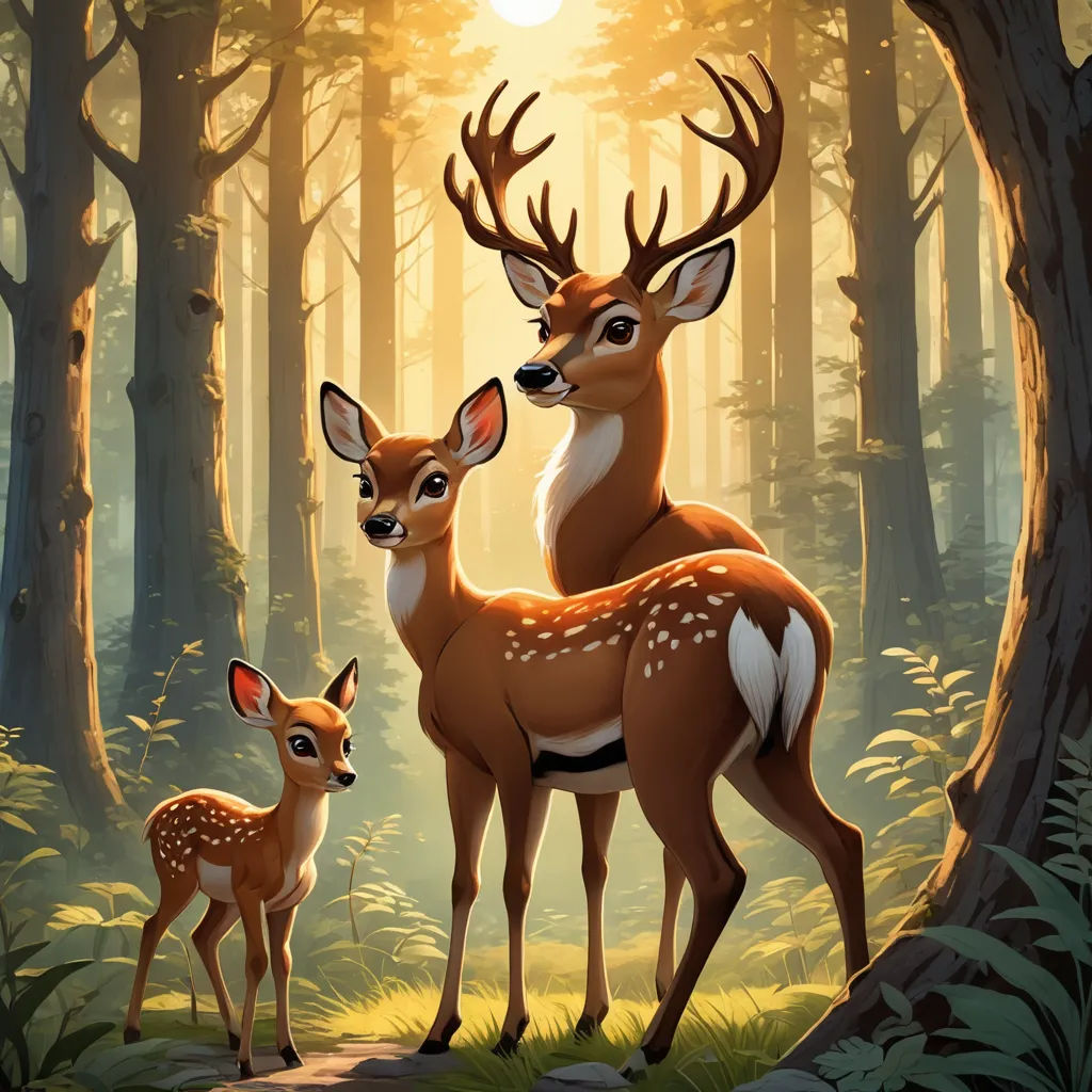 a couple of deer standing next to each other in a forest under a sunlit sky with trees and grass, furry art, a storybook illustration, Chris LaBrooy, official art