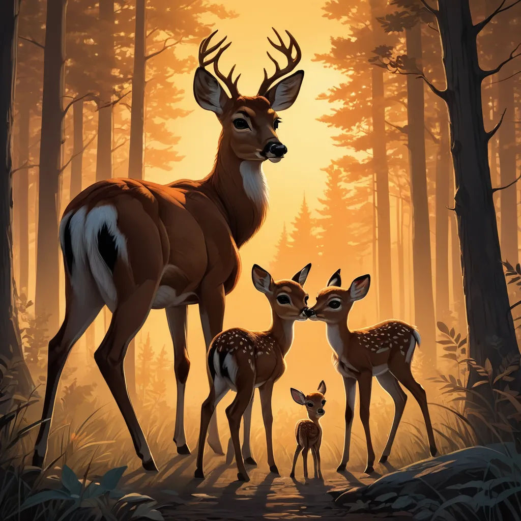 a couple of deer standing next to each other in a forest at sunset with a baby deer standing next to them, furry art, poster art, Dan Mumford, key art