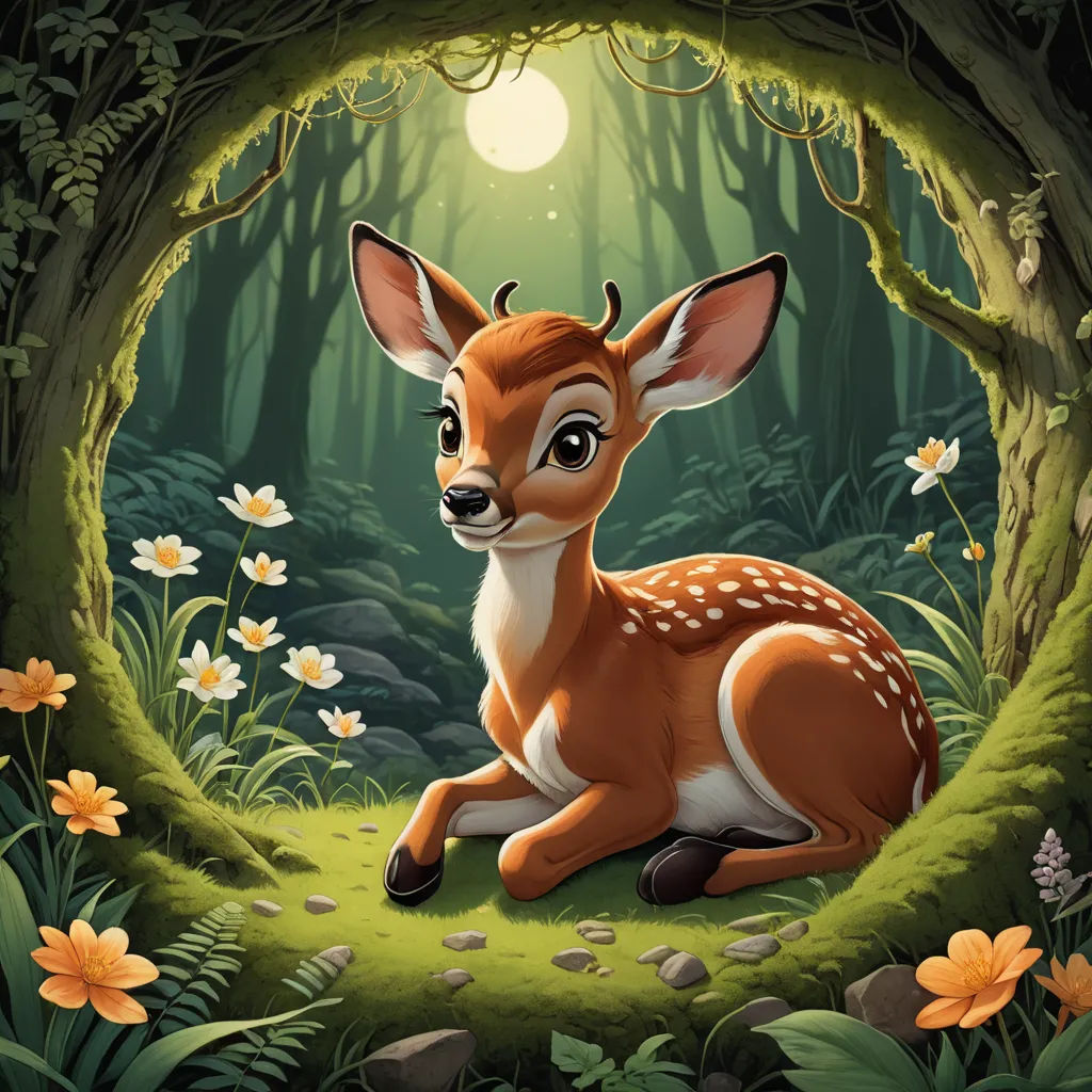 a deer sitting in the middle of a forest with flowers around it and a light shining through the trees, pop surrealism, a storybook illustration, Claire Hummel, leesha hannigan