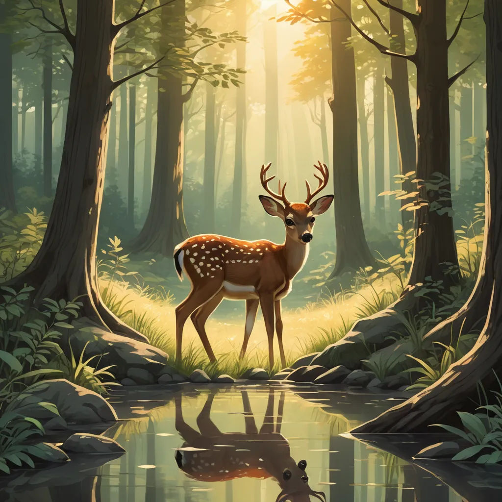 a deer standing in the middle of a forest next to a lake with a reflection of it in the water, magic realism, a storybook illustration, Dan Mumford, leesha hannigan