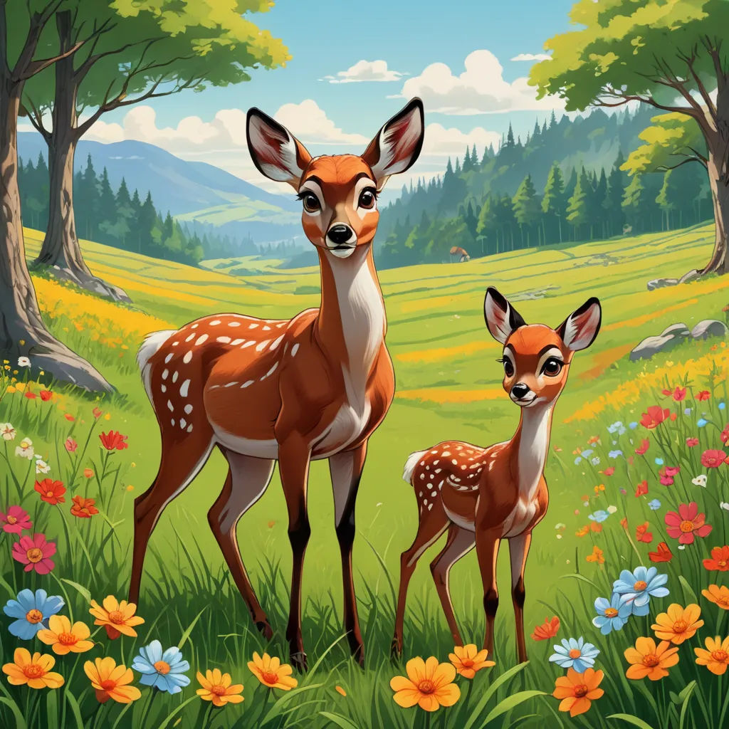 a painting of two deer in a field of flowers and trees with a mountain in the background and a baby deer standing in the grass, naive art, a storybook illustration, Chris LaBrooy, behance hd