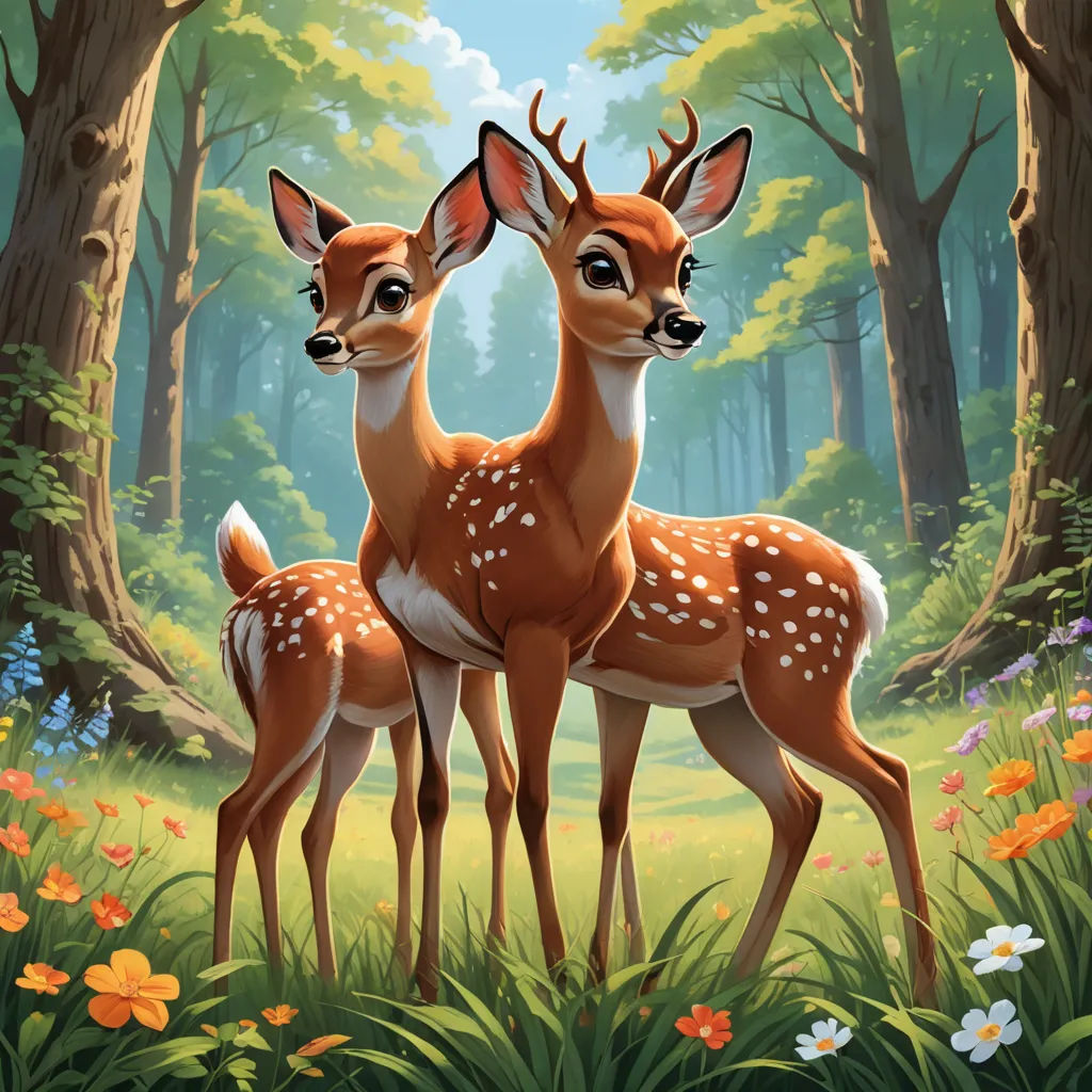 two deers standing in a forest with flowers and trees in the background, with a blue sky in the background, furry art, a storybook illustration, Brothers Hildebrandt, furaffinity