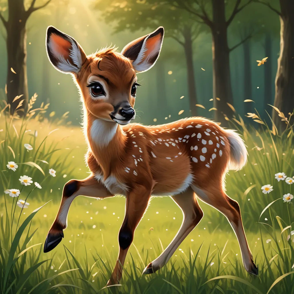 a painting of a deer running through a forest with daisies in the foreground and a sunbeam in the background, magic realism, a digital painting, Claire Hummel, leesha hannigan