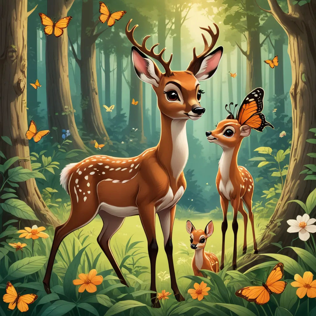 a deer and a baby deer in a forest with butterflies on their ears and a butterfly on their nose, magic realism, a storybook illustration, Anne Stokes, behance hd