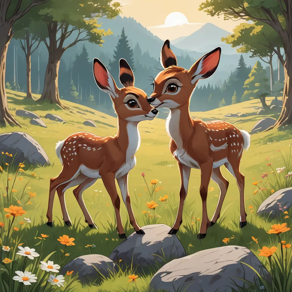 two deers standing in a field with rocks and flowers around them, with a mountain in the background, furry art, a storybook illustration, Chris LaBrooy, game art