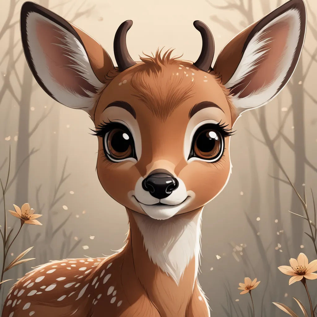 a deer with big ears standing in a forest with flowers and trees in the background, with a light brown background, furry art, a digital painting, Claire Hummel, leesha hannigan