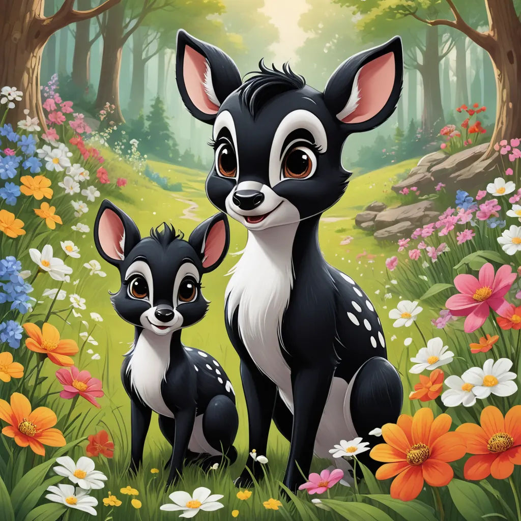 a couple of animals that are in the grass together in the woods with flowers around them and a forest background, furry art, a storybook illustration, disney, promotional image