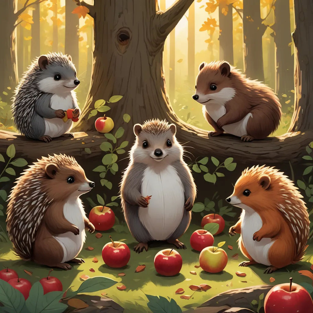 a group of hedgehogs sitting on a tree branch in the forest with apples and apples in the background, sots art, a storybook illustration, Chris LaBrooy, official art