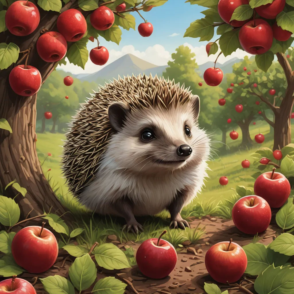 a hedgehog sitting in the middle of an apple orchard with apples on the ground and trees in the background, fantasy art, a storybook illustration, Chris LaBrooy, official art