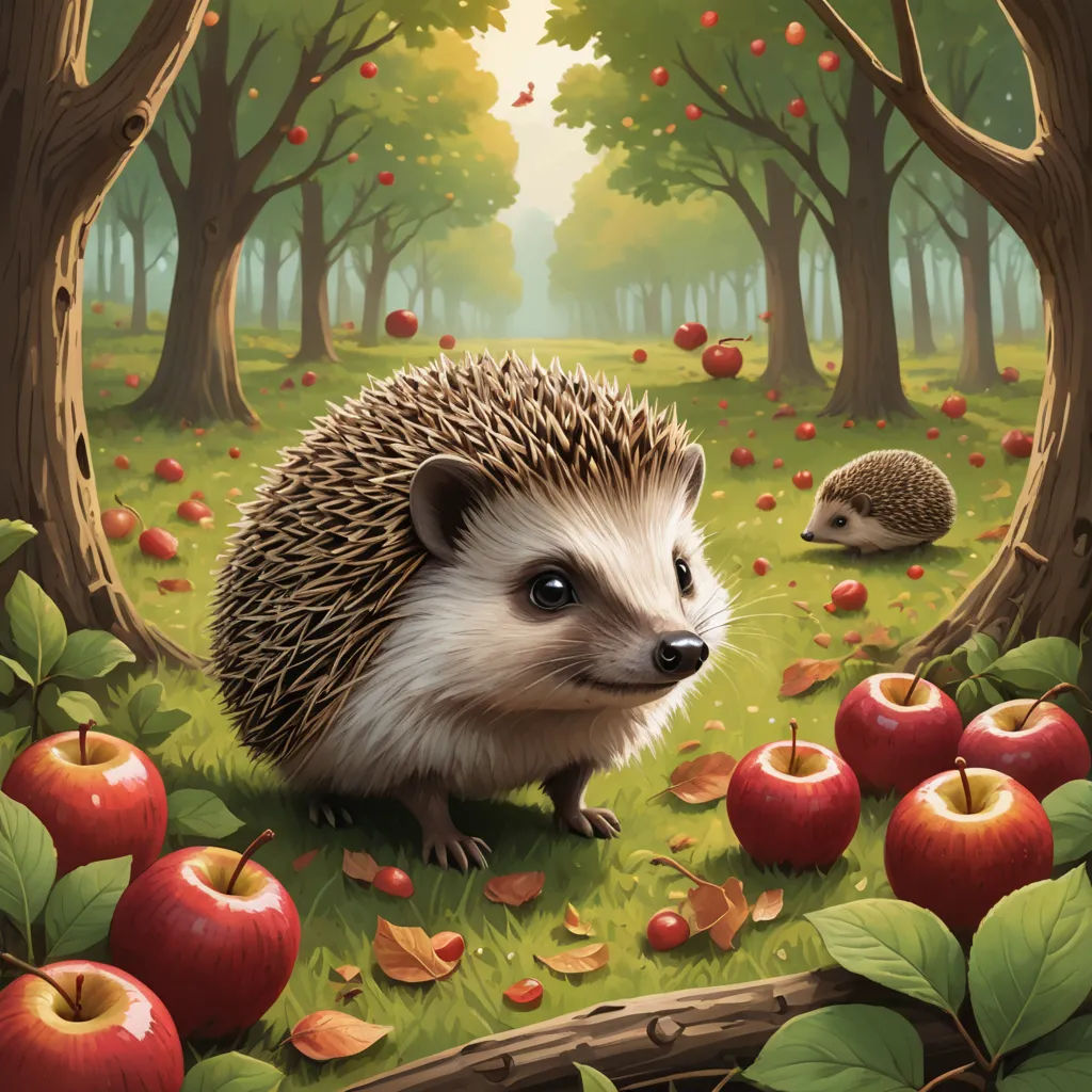 a hedgehog and an apple tree in a forest with apples on the ground and leaves on the ground, fantasy art, a storybook illustration, Chris LaBrooy, official art
