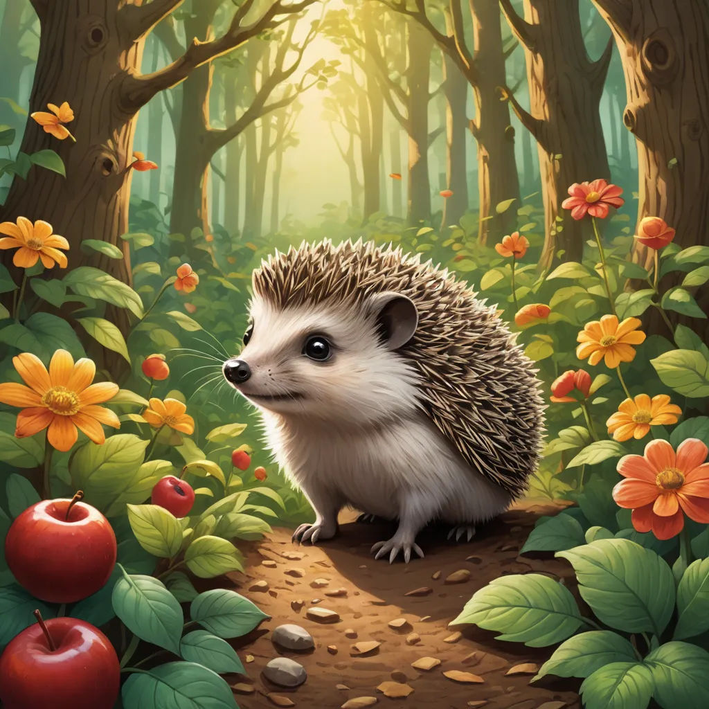 a hedge is sitting on a path in the woods with flowers and apples around it, and a forest background, fantasy art, a storybook illustration, Chris LaBrooy, official art