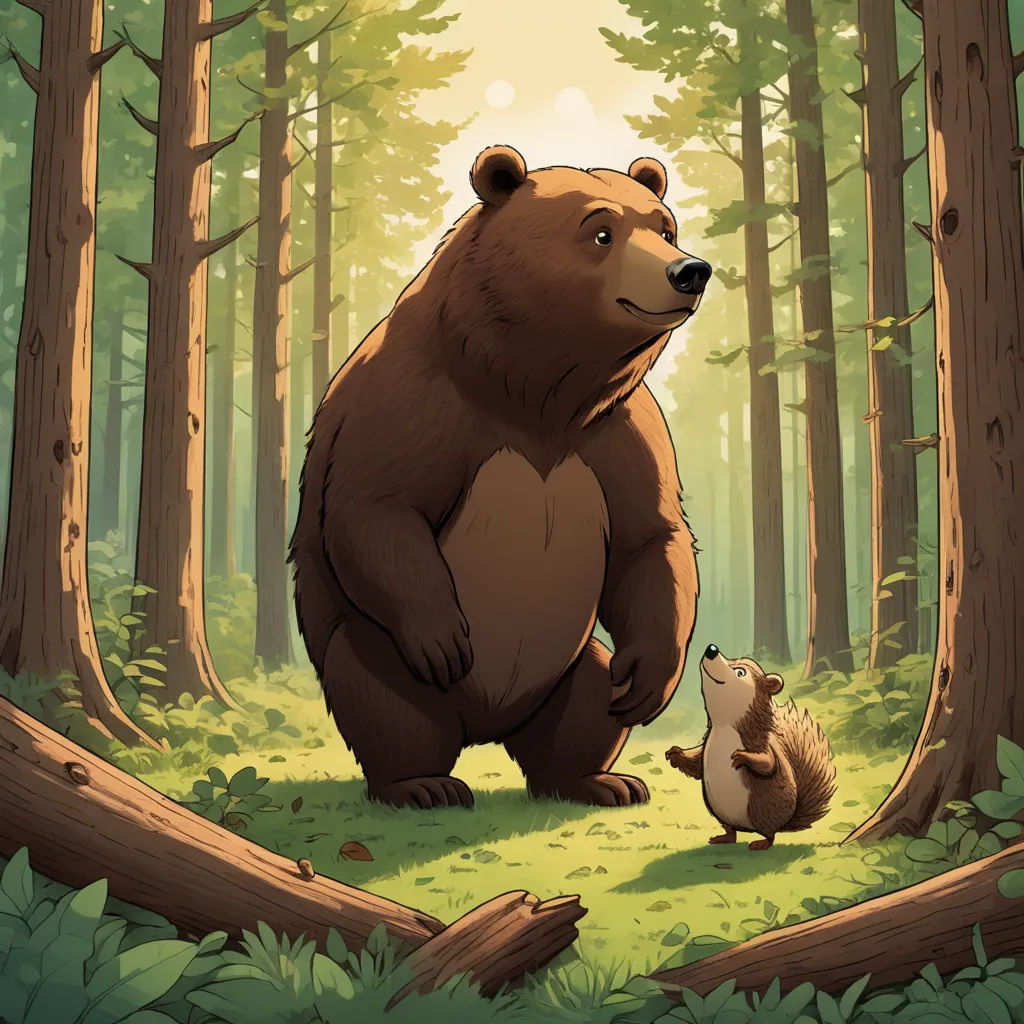 a bear and a squirrel are in the woods together, looking at each other and smiling at each other, furry art, a storybook illustration, Chris LaBrooy, storybook illustration