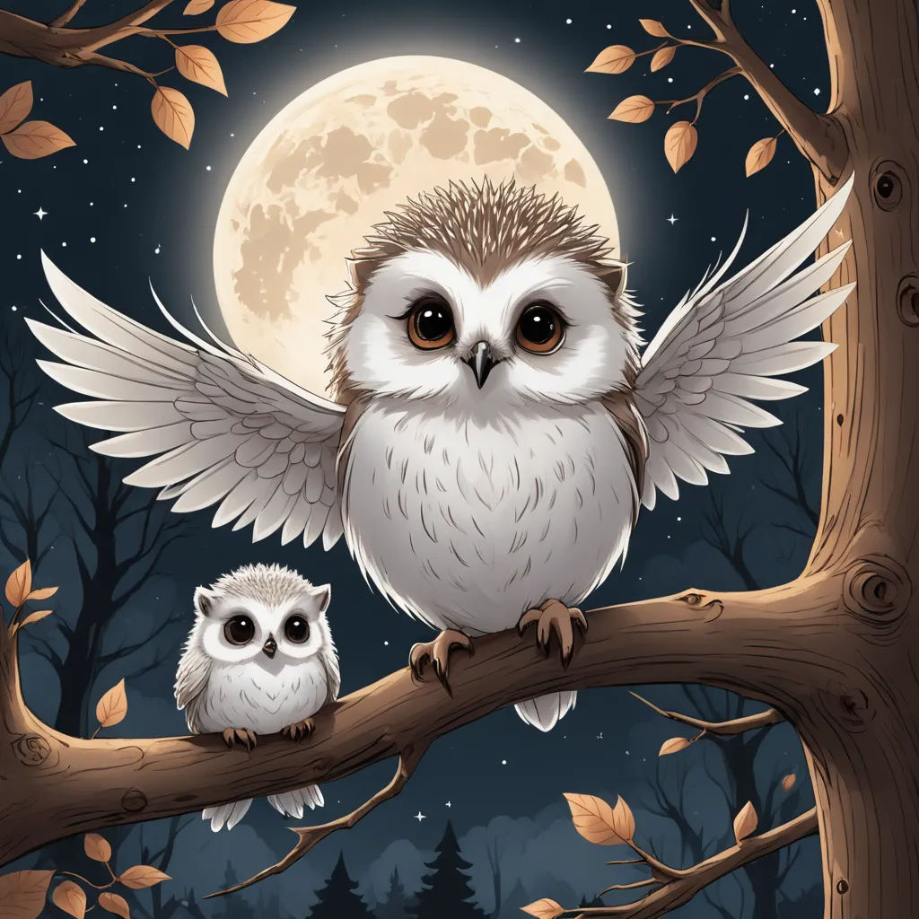 a couple of owls sitting on a tree branch in front of a full moon with leaves and branches around them, fantasy art, a storybook illustration, Anne Stokes, storybook illustration