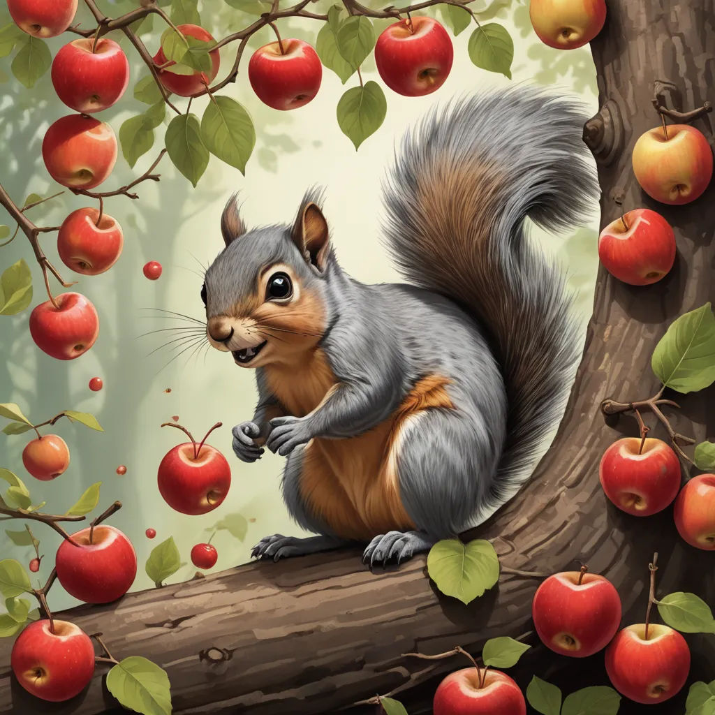 a squirrel is sitting on a branch with apples in the background and a tree with many leaves and red apples, pop surrealism, a storybook illustration, Chris LaBrooy, highly detailed digital painting