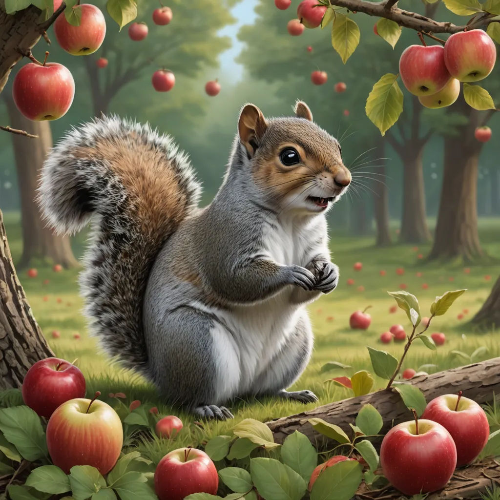 a squirrel is sitting on the ground in the grass near an apple tree and some apples are in the background, pop surrealism, a digital rendering, Chris LaBrooy, highly detailed digital painting