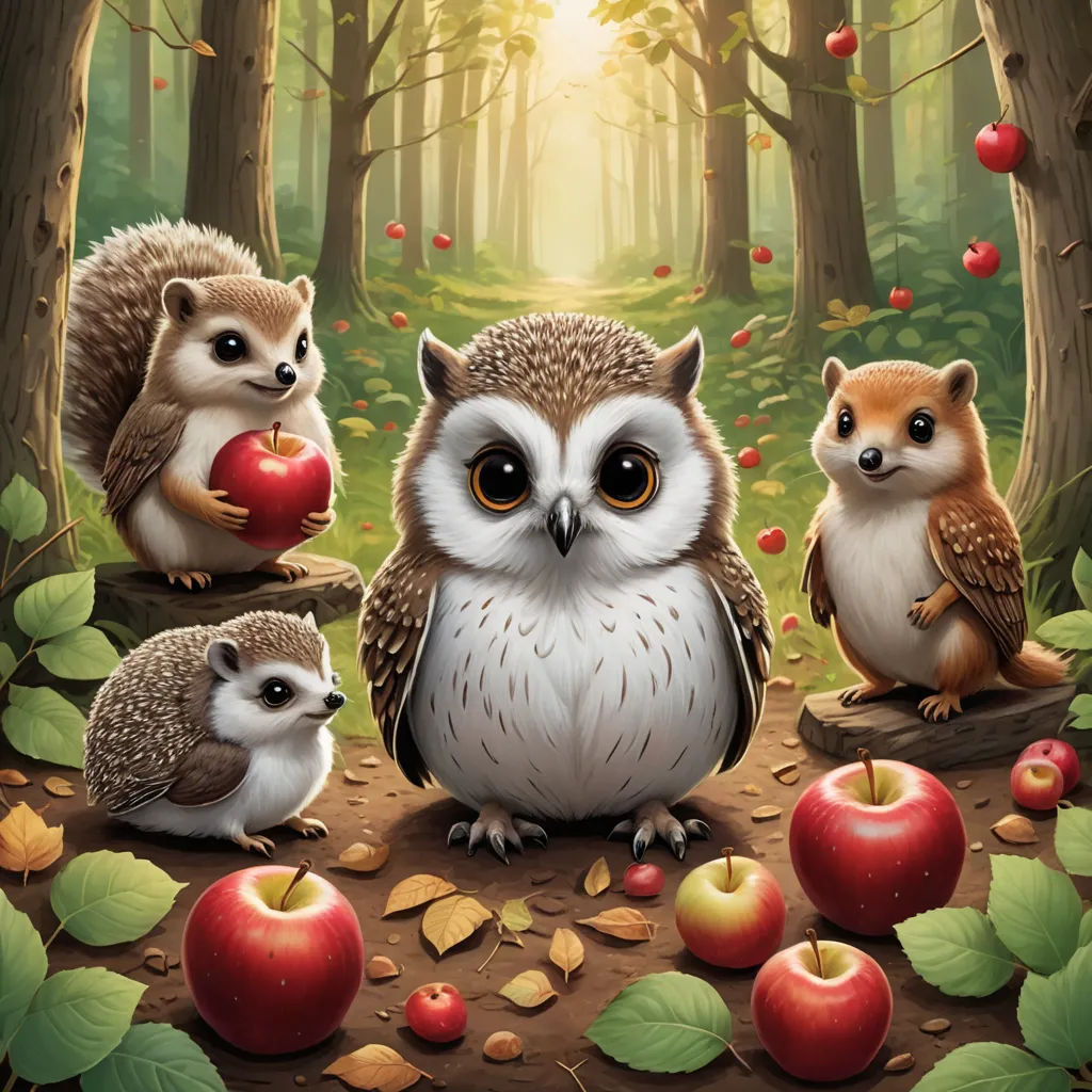 a painting of a forest with owls and an apple in the foreground and a forest with apples in the background, fantasy art, a storybook illustration, Chris LaBrooy, storybook illustration