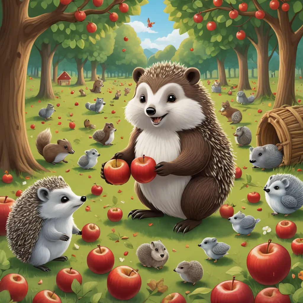 a hedgehog holding an apple surrounded by other animals in an apple orchard with apples in the background and a barrel of apples in the foreground, furry art, a storybook illustration, Chris LaBrooy, official art