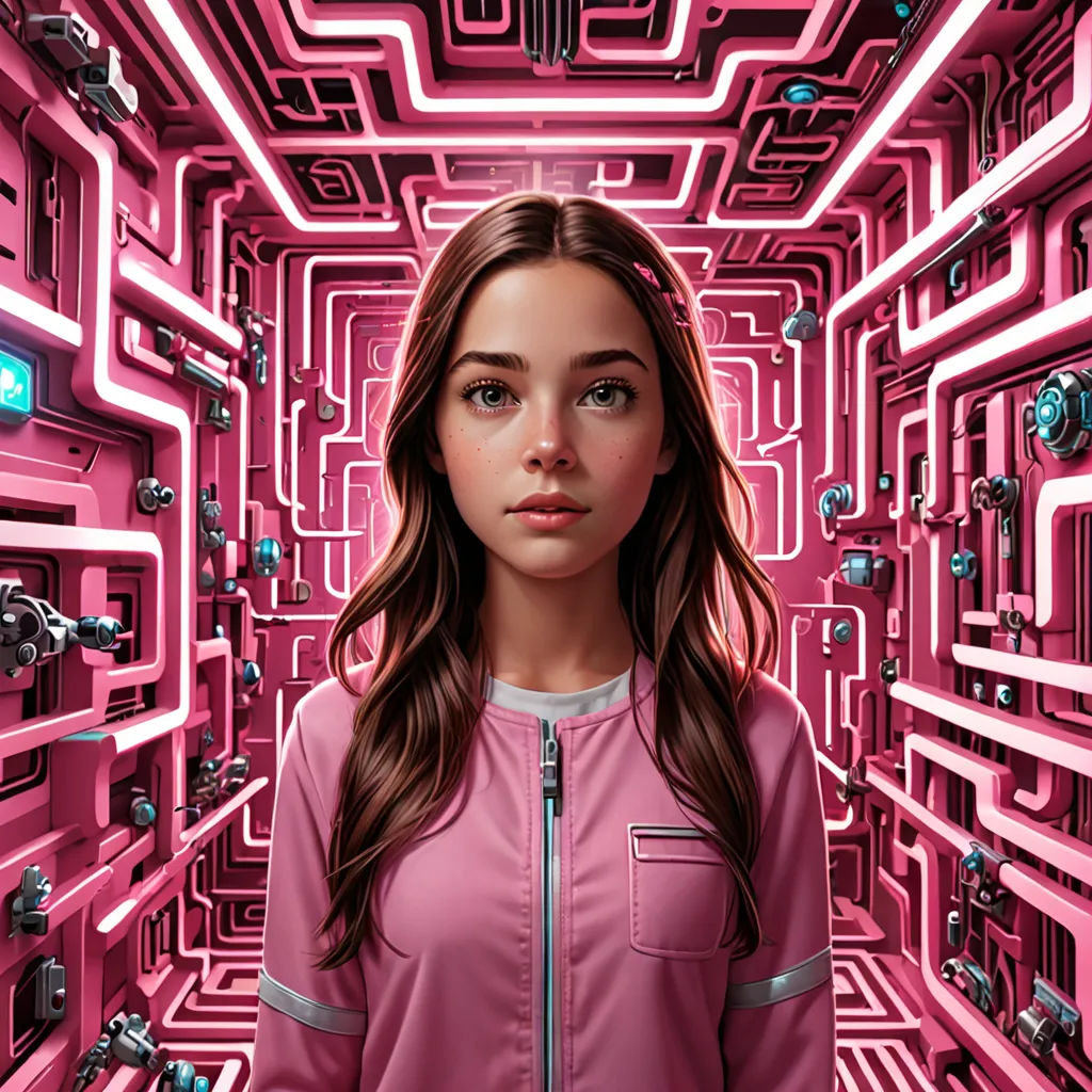 a woman standing in a pink tunnel with many pipes and wires on it's walls and a pink jacket on her shoulders, sots art, poster art, Christopher Balaskas, promotional image