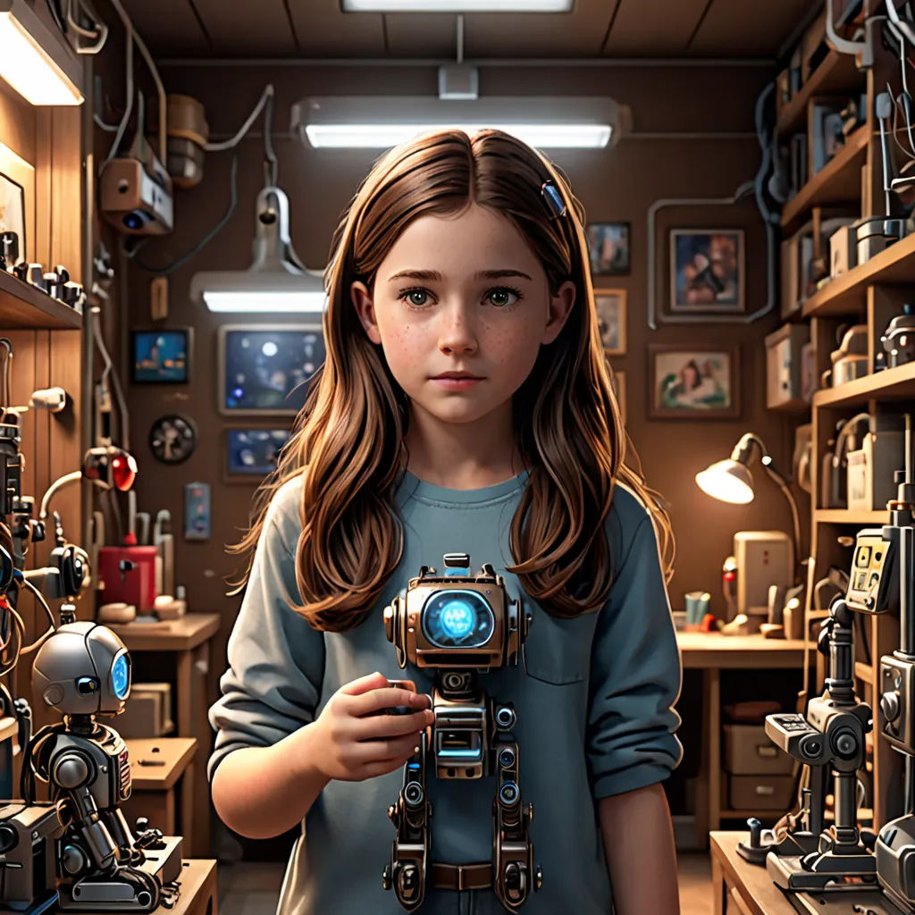 a girl holding a robot in a room full of shelves of items and a lamp above her head and a camera in her hand, photorealism, computer graphics, Chris LaBrooy, cgstudio