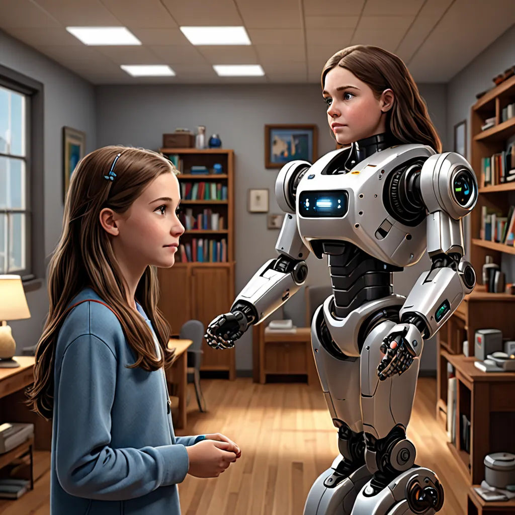 a girl is looking at a robot in a library with a girl looking at it in the distance and a man standing in the background, les automatistes, a computer rendering, Doug Ohlson, promotional image