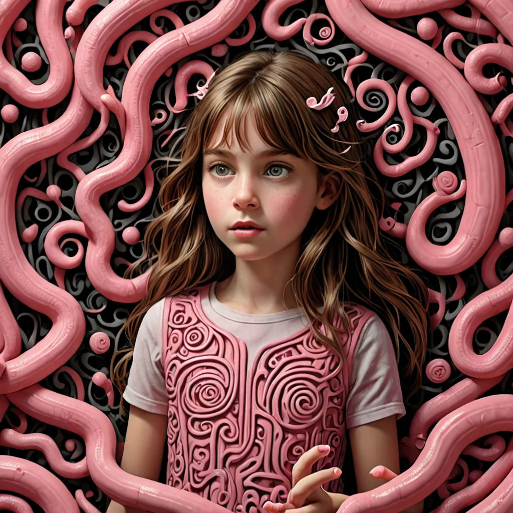a painting of a girl in a pink dress with a pink background and a pink sculpture of a woman's head, psychedelic art, an ultrafine detailed painting, Brad Kunkle, highly detailed digital painting