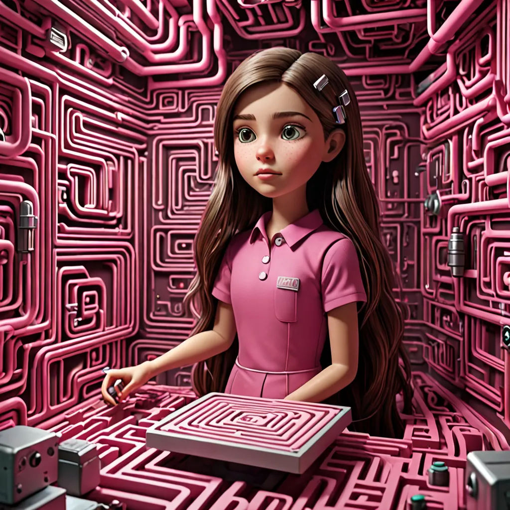 a girl in a pink shirt is standing in a maze with a laptop on it and a pink background, net art, a computer rendering, Alice Prin, promotional image
