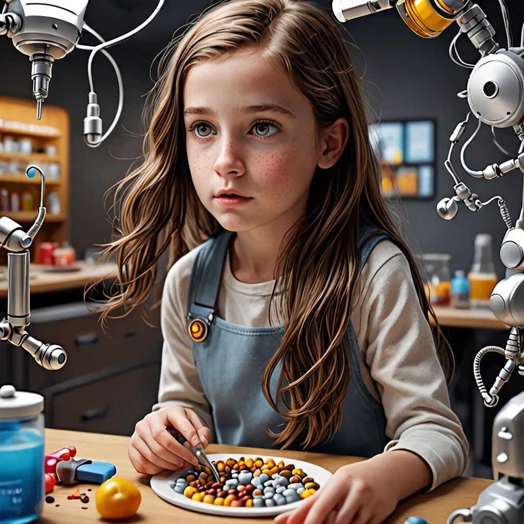a girl is sitting at a table with a plate of food in front of her and a robot head above her, photorealism, a hyperrealistic painting, Chris LaBrooy, highly detailed digital painting