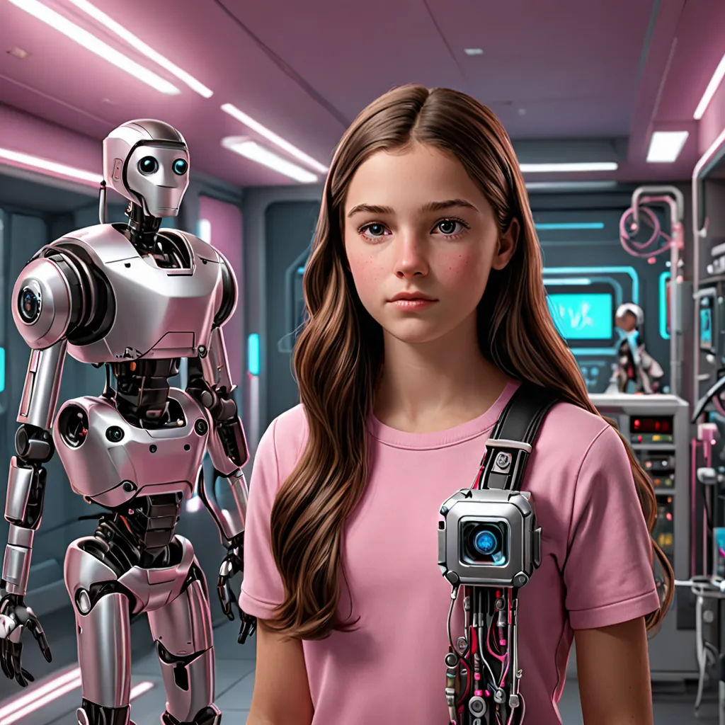a girl is standing in a room with a robot in her hand and a camera in her hand, and a robot in the background, retrofuturism, computer graphics, Chris LaBrooy, promotional image