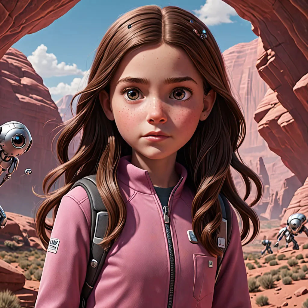 a girl in a pink jacket standing in front of a desert landscape with a robot in the background and a man in the foreground, photorealism, a detailed painting, Cliff Childs, cgstudio
