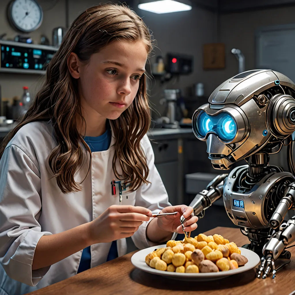 a girl is eating food from a plate with a robot on it and a robot is standing over her, les automatistes, a stock photo, Beeple, promotional image