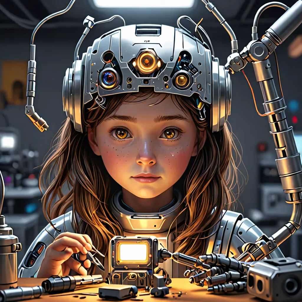 a girl with a robot head and a camera in front of her is surrounded by mechanical equipment and a light, computer art, cyberpunk art, Clint Cearley, trending on art station