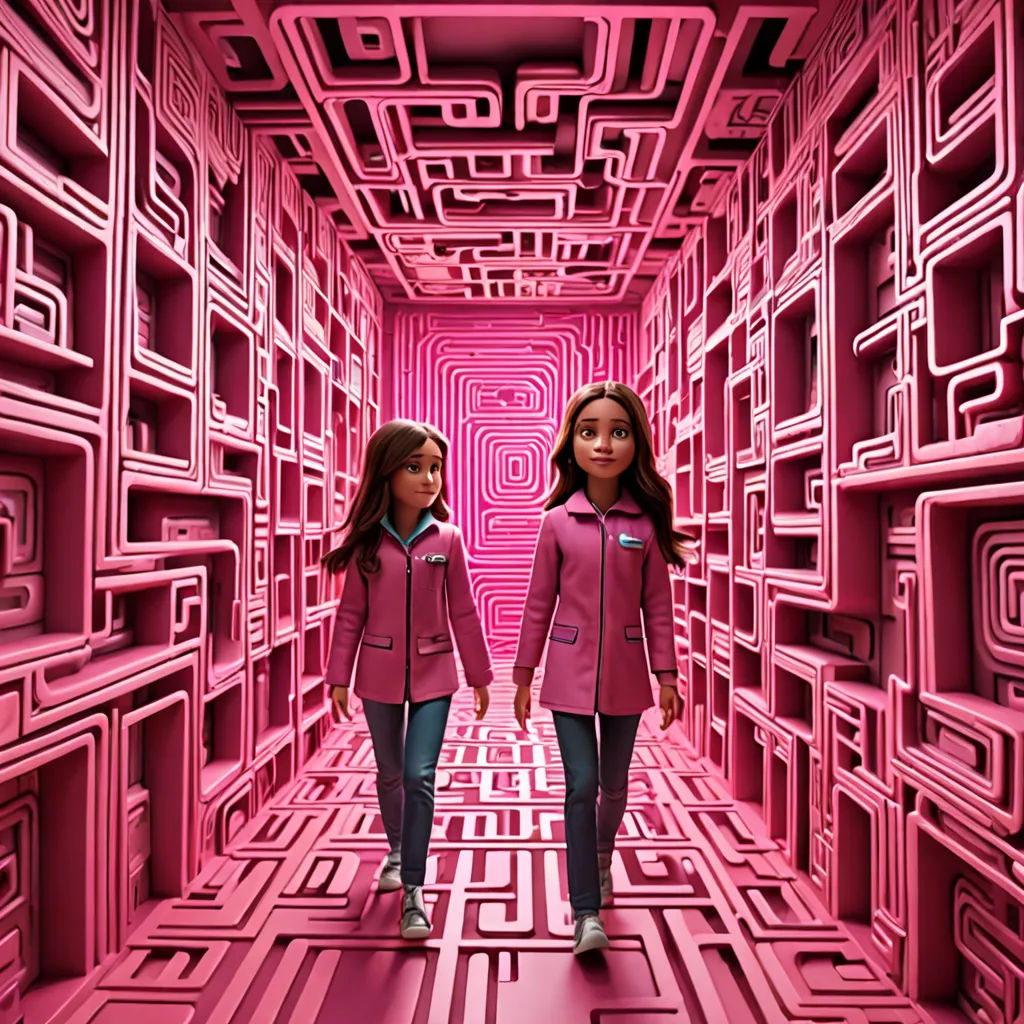 two girls are walking through a maze in a pink room with pink walls and flooring and a pink ceiling, net art, a 3D render, Beeple, promotional image