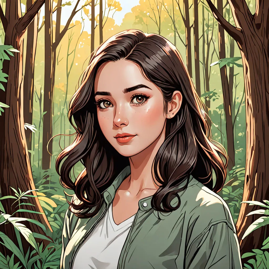 a woman standing in a forest with trees and plants around her, with a green jacket on and a white shirt on, fantasy art, a character portrait, Artgerm, rossdraws global illumination