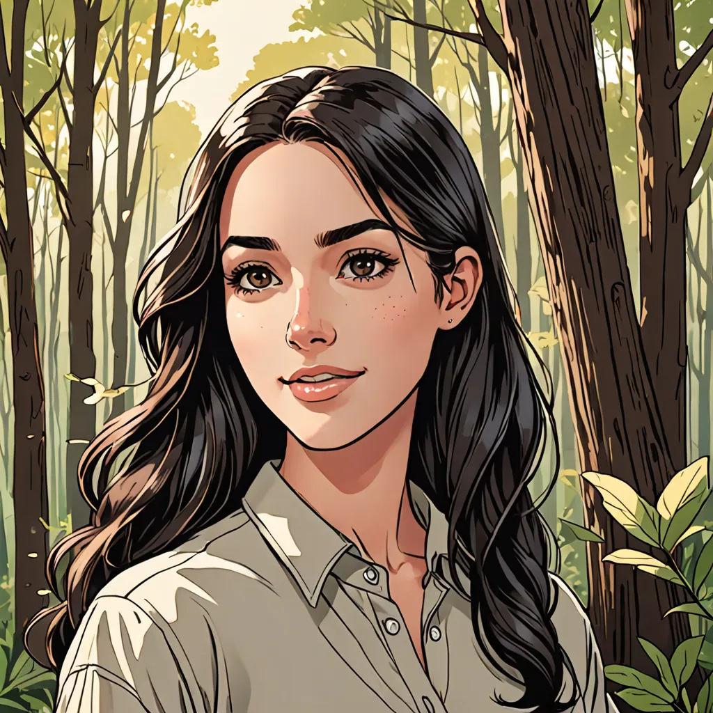 a woman standing in a forest with trees and bushes behind her, with a green background and a brown shirt, naturalism, a character portrait, Artgerm, character portrait