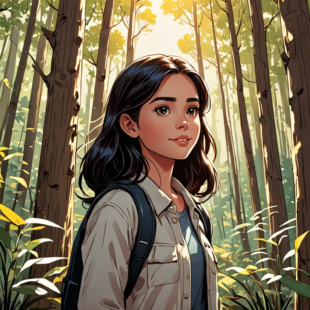 a woman standing in a forest with a backpack on her back and trees in the background, with sunlight coming through the trees, process art, a character portrait, Atey Ghailan, rossdraws global illumination