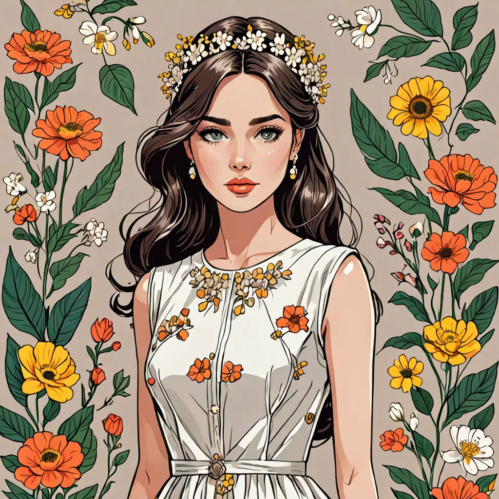 a woman in a white dress surrounded by flowers and leaves, with a tiara on her head, standing in front of a floral background, gothic art, a detailed drawing, Charlie Bowater, beautiful detailed