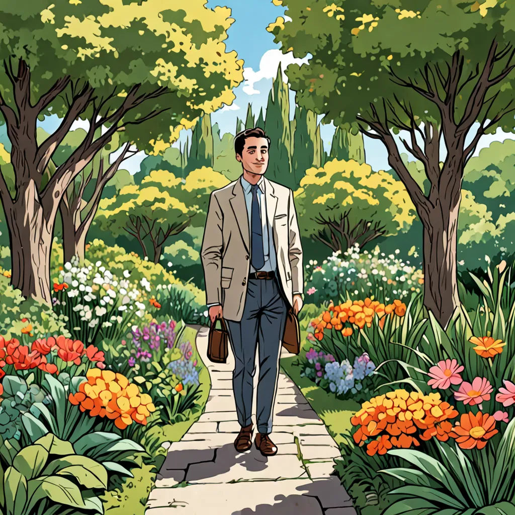a man in a suit walking down a path in a garden with flowers and trees on either side of him, les automatistes, a storybook illustration, Asaf Hanuka, promotional image