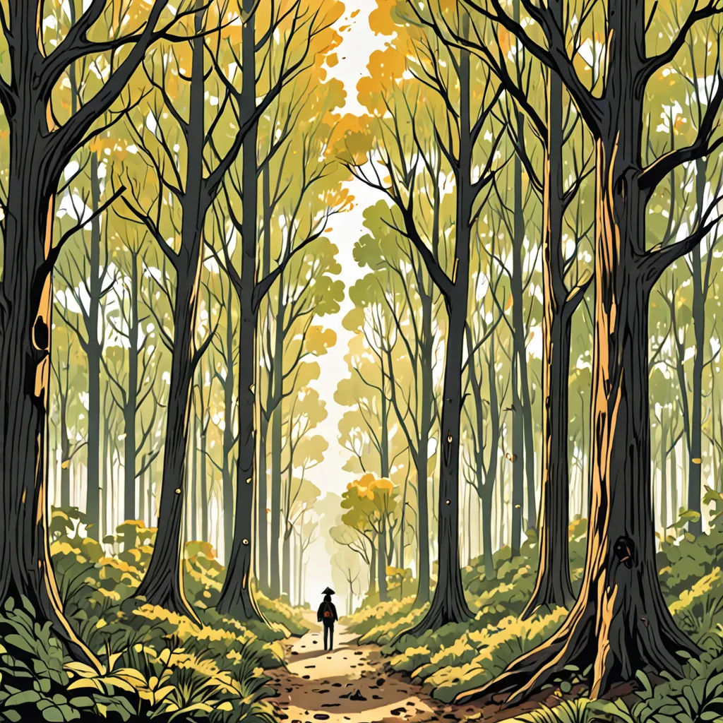 a man walking through a forest with tall trees on either side of him and a trail leading to the top of the trees, magical realism, a storybook illustration, Dan Mumford, storybook illustration