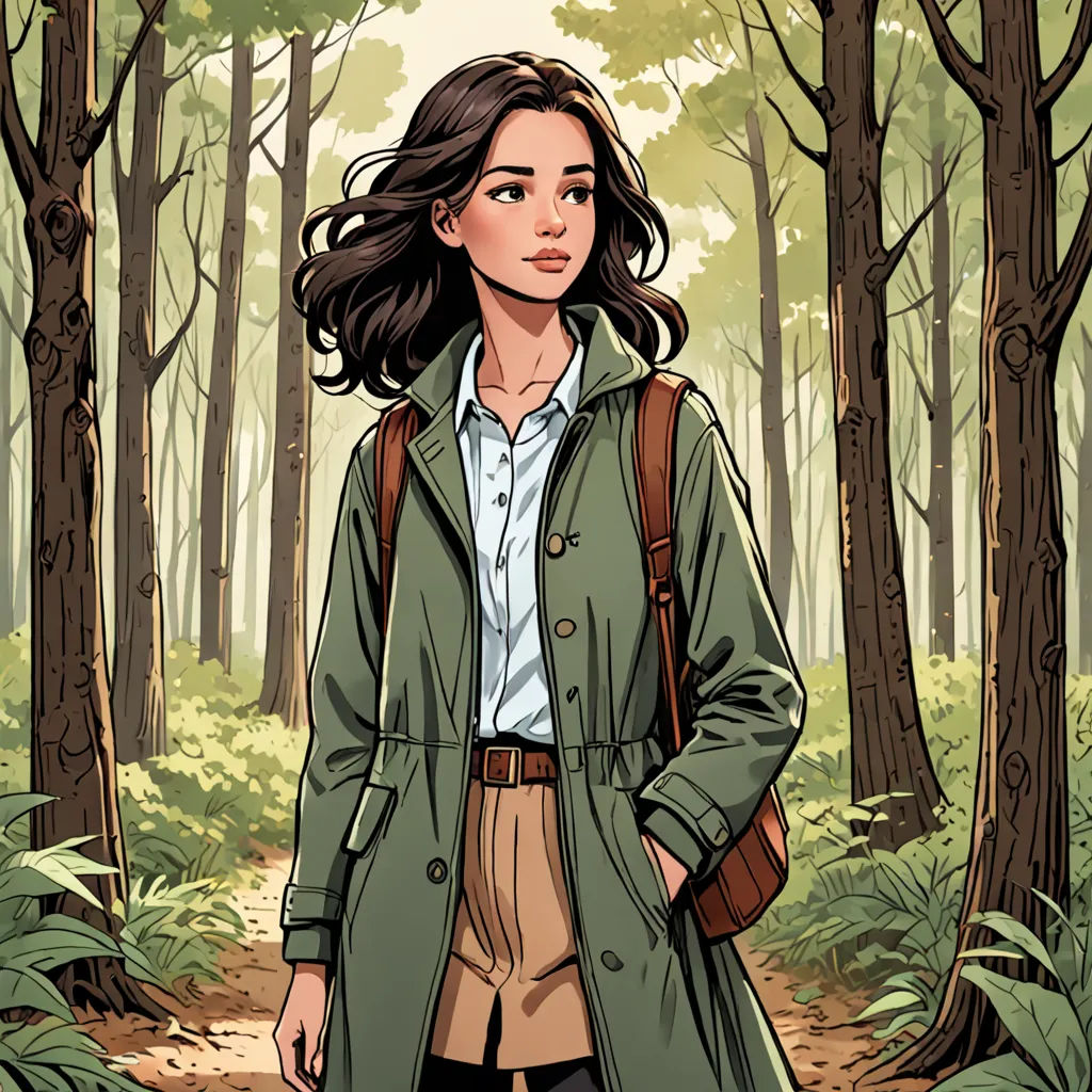 a woman in a green coat is walking through the woods with a backpack on her back and a backpack on her shoulder, process art, a comic book panel, Colin Middleton, comic cover art