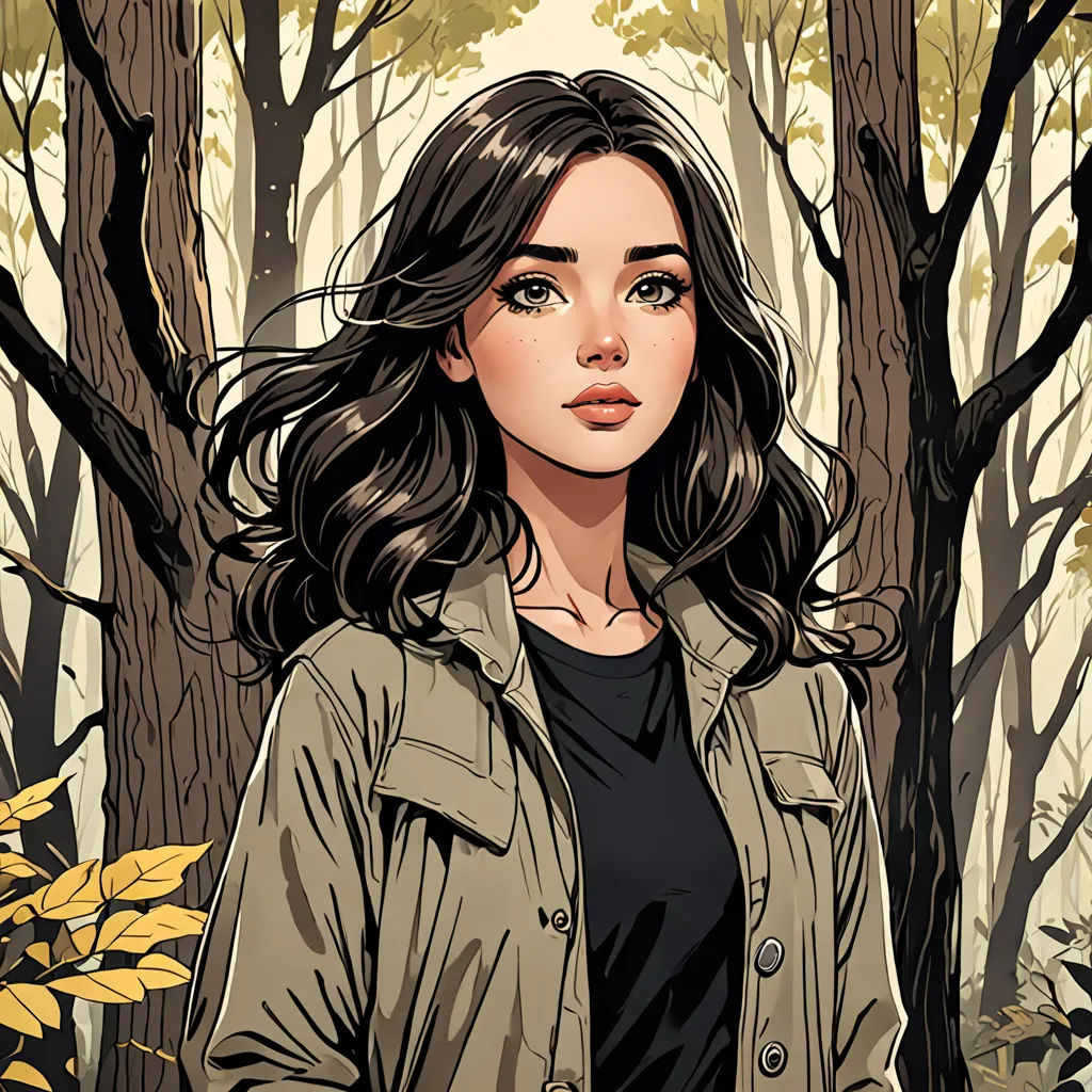 a woman standing in front of a forest with trees and leaves on it's sides and a brown jacket on, naturalism, a character portrait, Clarice Beckett, comic cover art