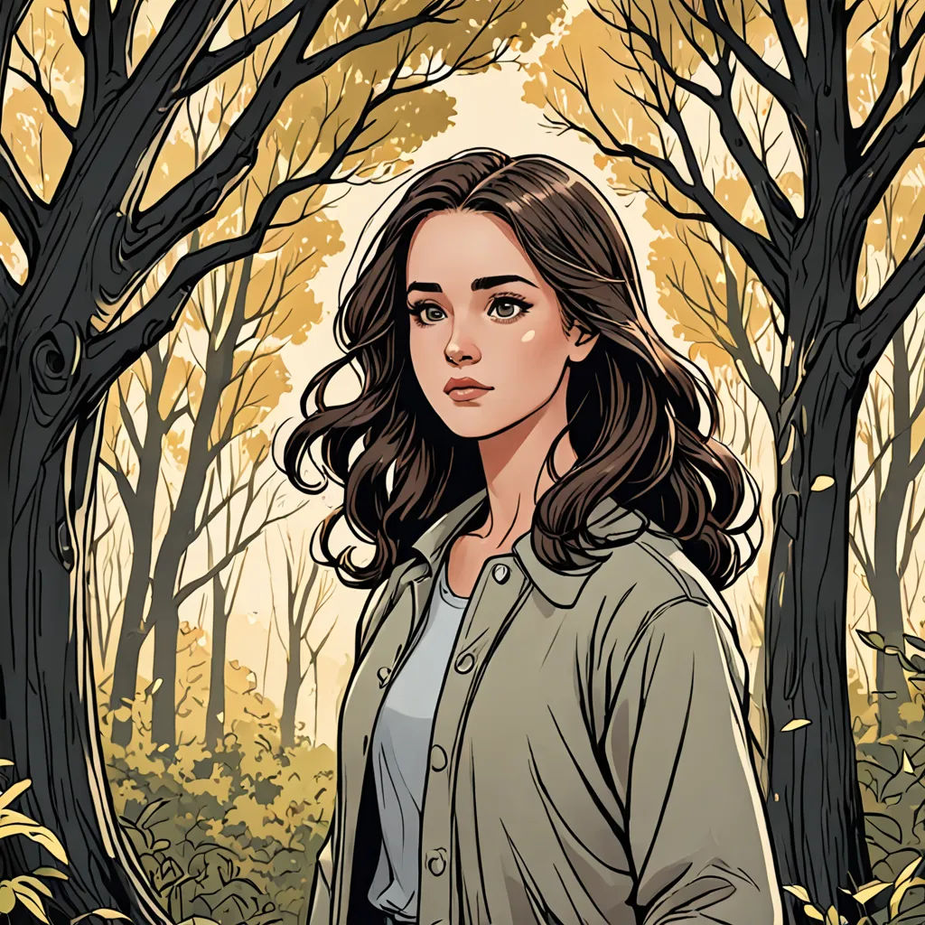 a woman standing in a forest with trees in the background and a yellow sky in the background, with a yellow sky and yellow leaves, process art, a character portrait, Clarice Beckett, comic cover art