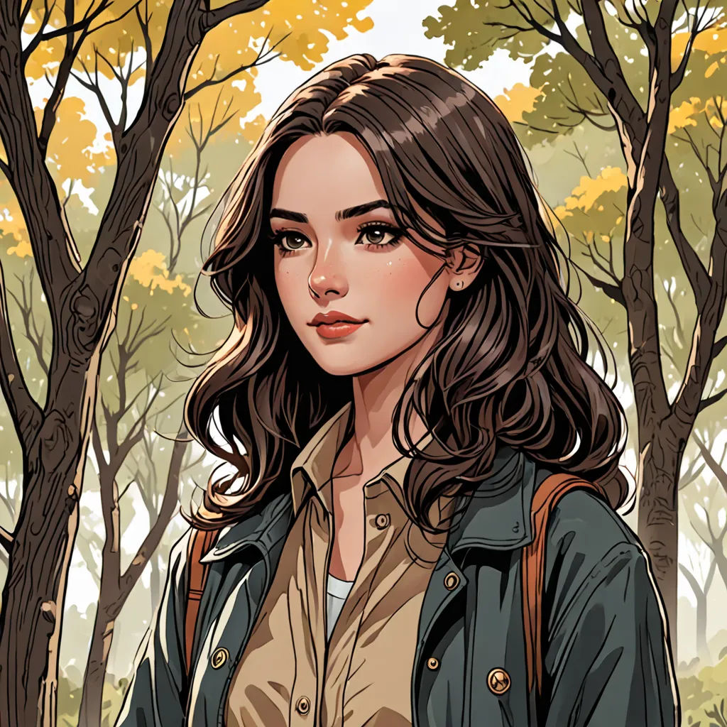 a woman standing in a forest with trees in the background and a backpack on her shoulder, with a brown shirt on, naturalism, a character portrait, Clarice Beckett, rpg portrait