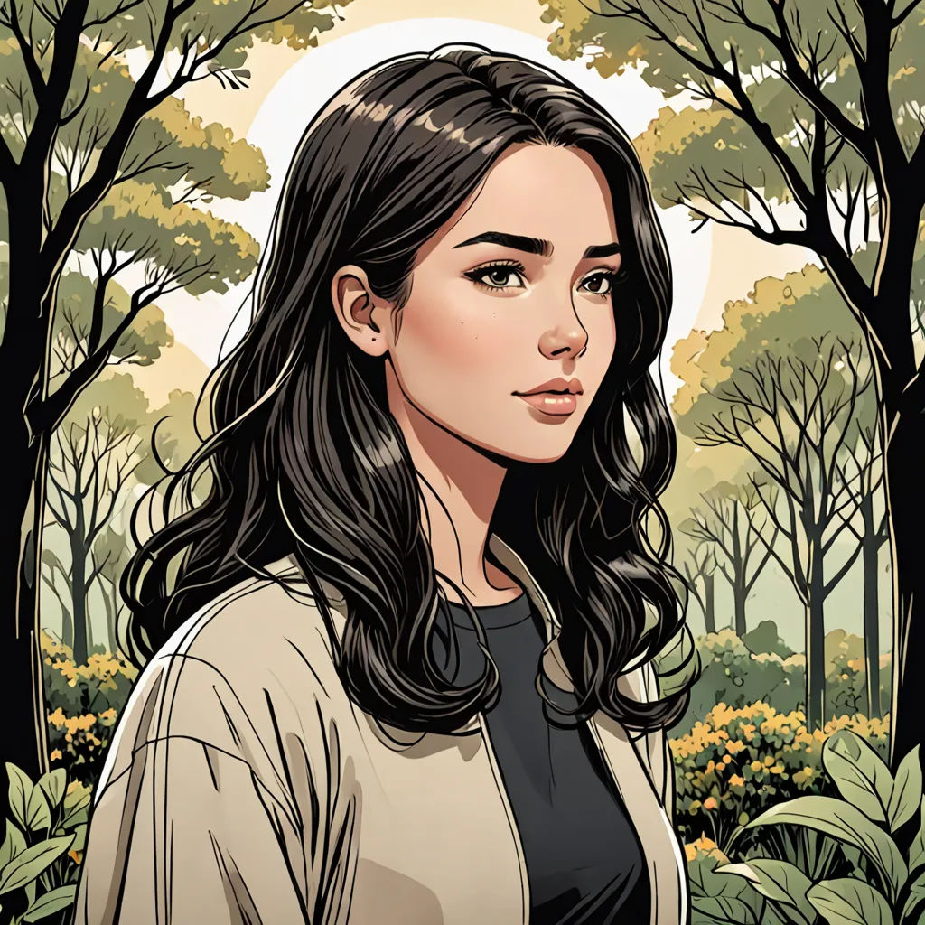 a woman with long hair standing in a forest with trees and bushes behind her, looking at the camera, naturalism, a character portrait, Artgerm, character portrait