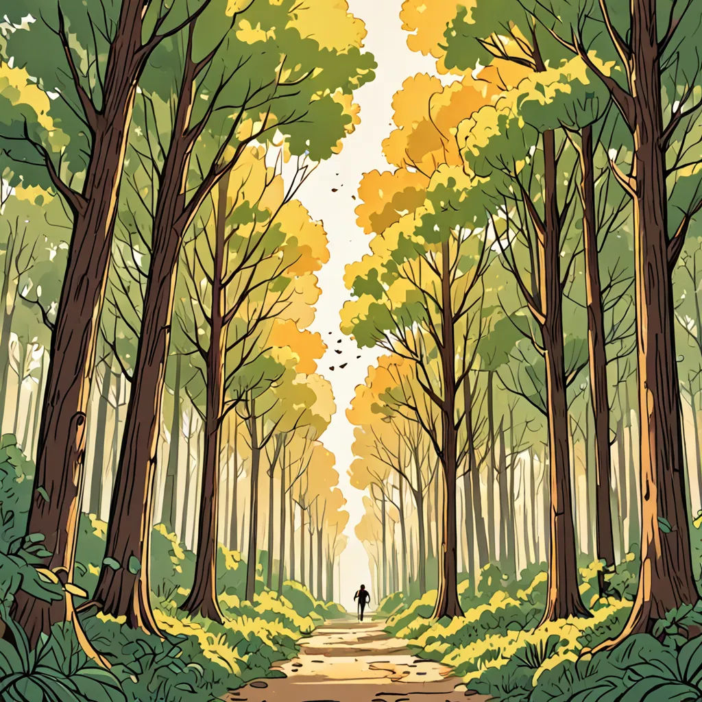 a man walking down a path through a forest filled with trees and leaves on a sunny day with a person walking on the path, context art, a comic book panel, Asaf Hanuka, josan gonzales and dan mumford