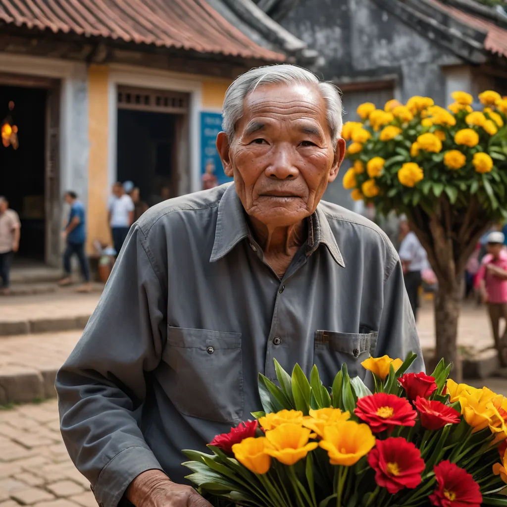 a man holding a bunch of flowers in front of a building with a lot of people around it and a tree with yellow and red flowers, art & language, a character portrait, Fang Congyi, phuoc quan