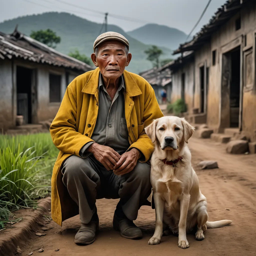 a man and his dog sitting in the dirt outside of a building with mountains in the background in the distance, naive art, a character portrait, Elke Vogelsang, award - winning photography