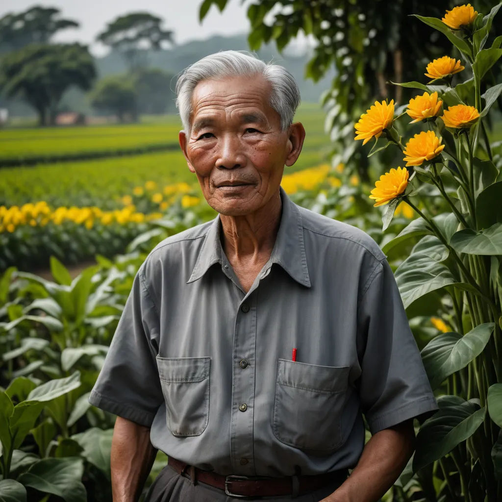 a man standing in front of a field of flowers with a yellow flower in the foreground and a green field in the background, precisionism, a character portrait, Cao Zhibai, phuoc quan