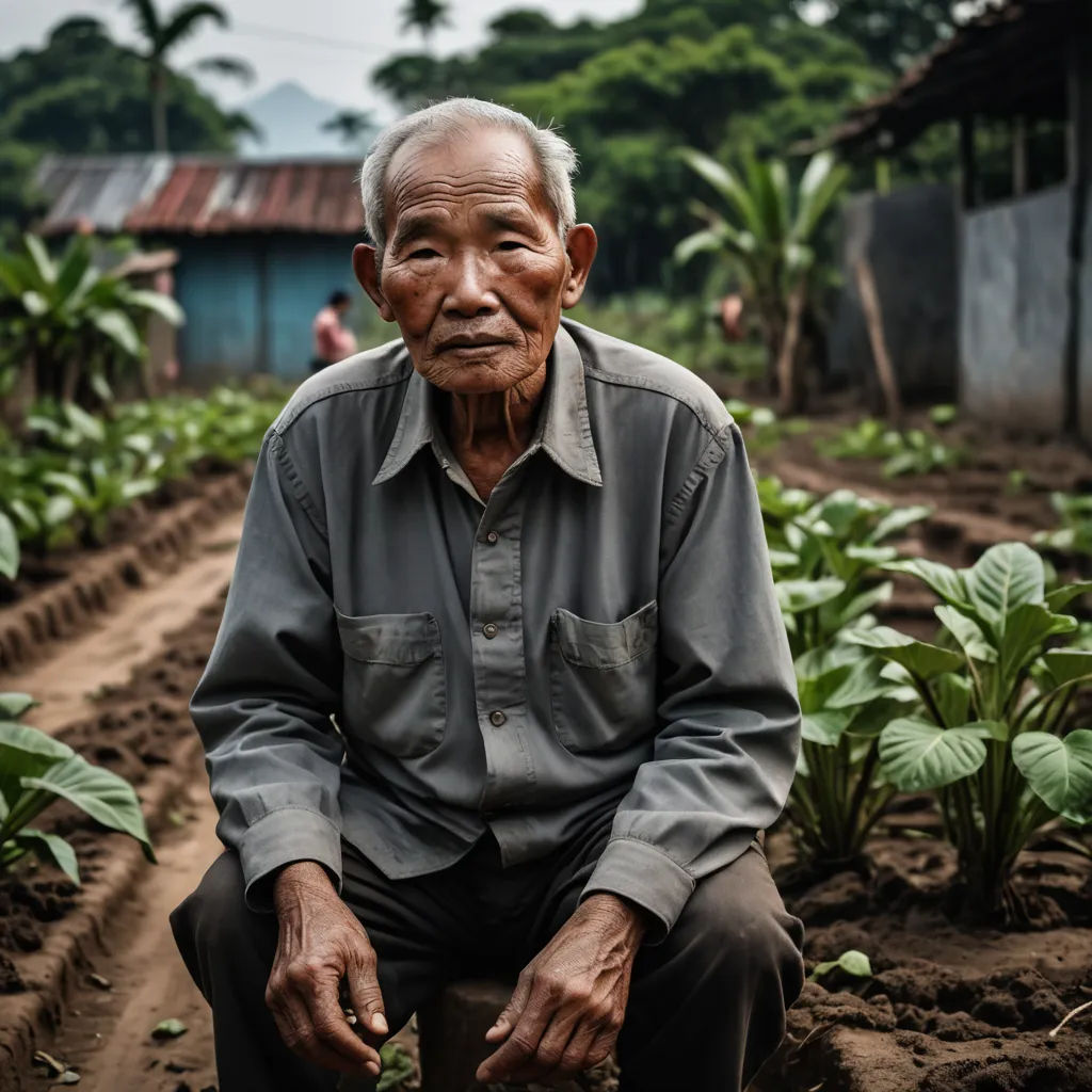 an old man sitting in a field of plants with a house in the background and a few people in the distance, sumatraism, a character portrait, Cui Bai, phuoc quan