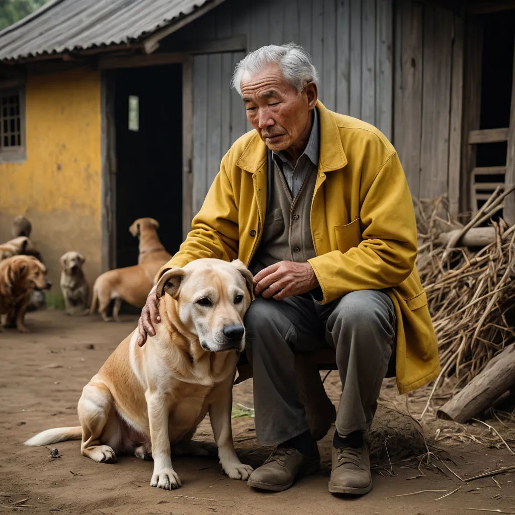 a man sitting next to a dog on a dirt ground next to a building with a bunch of dogs, naive art, a character portrait, Byeon Sang-byeok, award-winning photograph